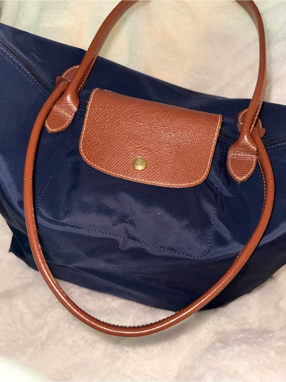 Longchamp Le Pliage Tote | Navy & Cognac Leather | Classic Medium - Picture 3 of 8